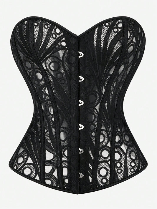 Halloween Gothic Black Lace Strapless Corset, Sexy Fishbone Waist Cincher, Sheer Hollow Out Bustier, Spooky Party & Cosplay Crop Top For Women