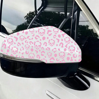 Halloween Skull Leopard Print Car Rearview Mirror Sticker, Waterproof PVC Auto Side Mirror Decal, Cute Pink Skeleton Leopard Pattern Car Decor, DIY Vehicle Exterior Accessories For Cars Trucks SUV