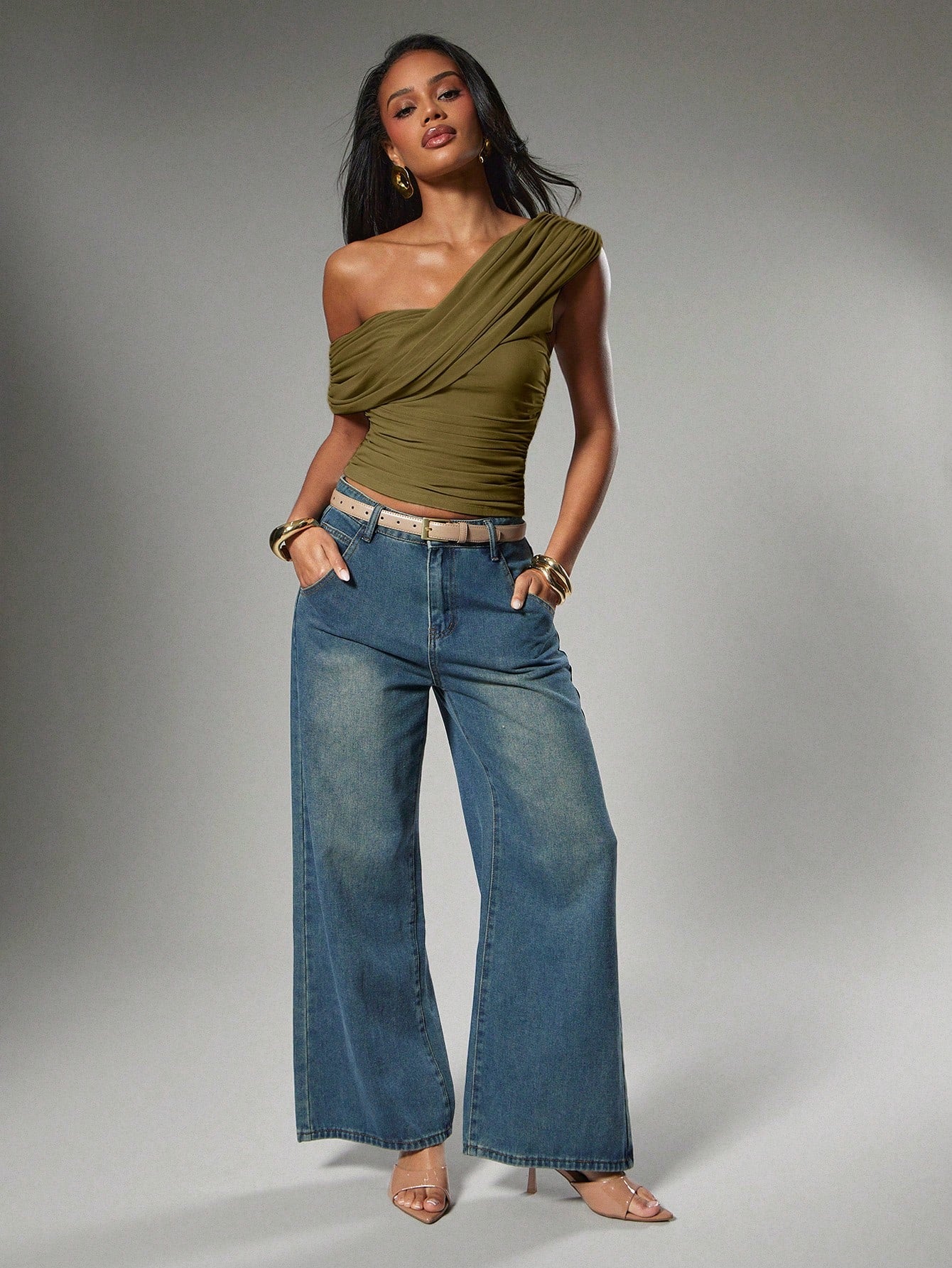 Hauture Women's Sexy Casual Solid Color Asymmetrical One Shoulder Ruched Top