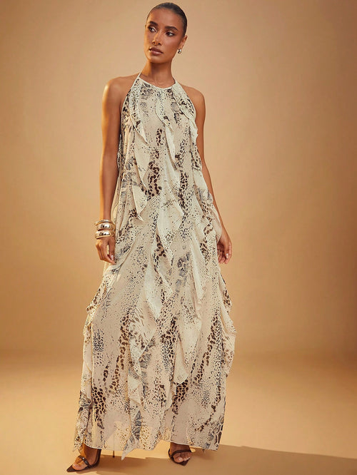 Hauture Women's Snake Print Layered Ruffle Hem Maxi Halter Neck Dress