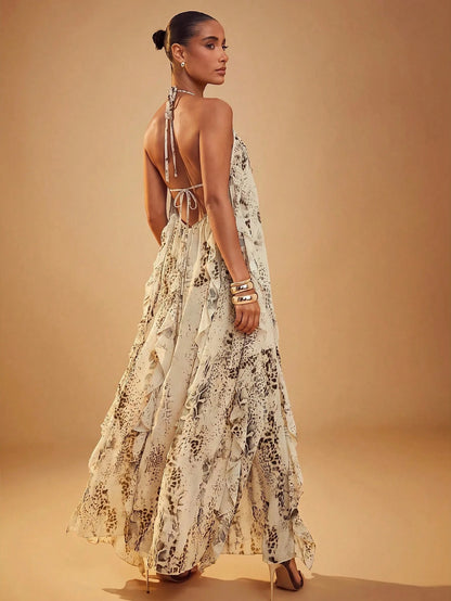 Hauture Women's Snake Print Layered Ruffle Hem Maxi Halter Neck Dress
