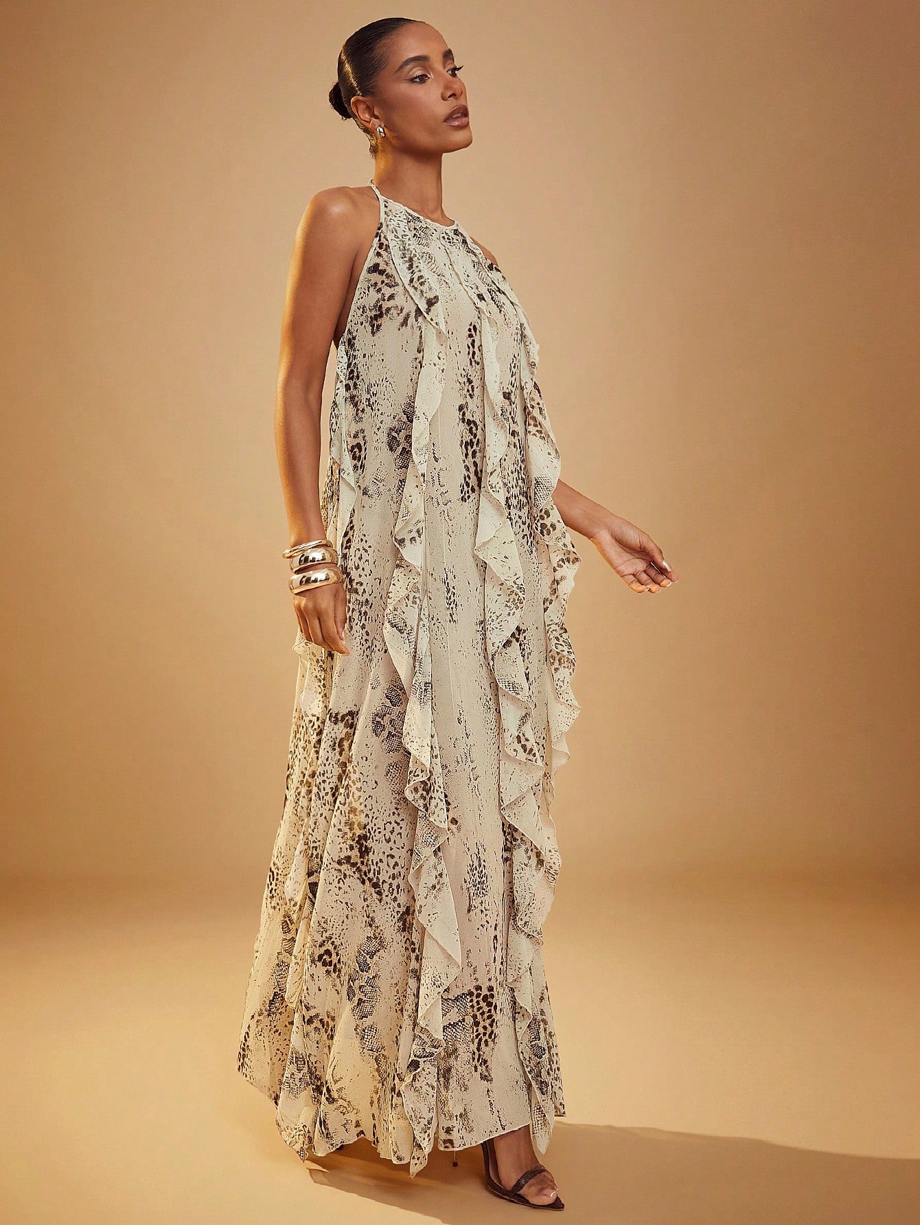 Hauture Women's Snake Print Layered Ruffle Hem Maxi Halter Neck Dress