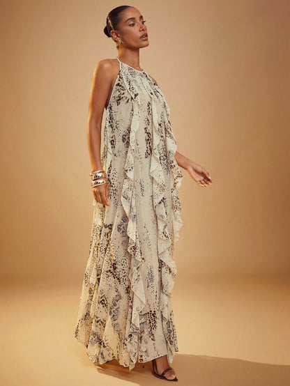 Hauture Women's Snake Print Layered Ruffle Hem Maxi Halter Neck Dress