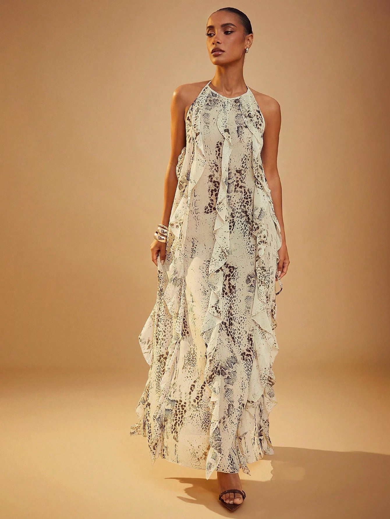 Hauture Women's Snake Print Layered Ruffle Hem Maxi Halter Neck Dress