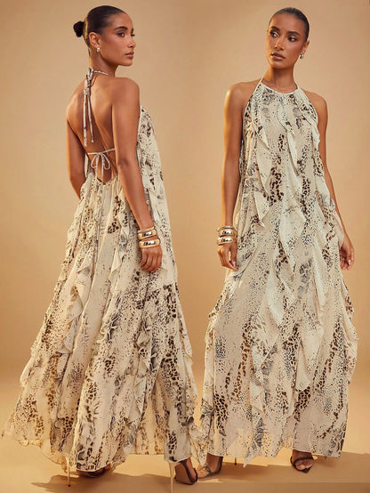 Hauture Women's Snake Print Layered Ruffle Hem Maxi Halter Neck Dress