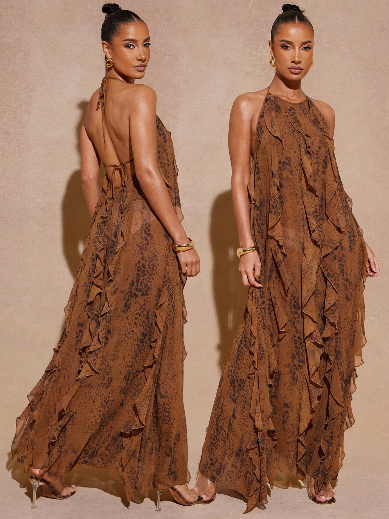Hauture Women's Snake Print Layered Ruffle Hem Maxi Halter Neck Dress