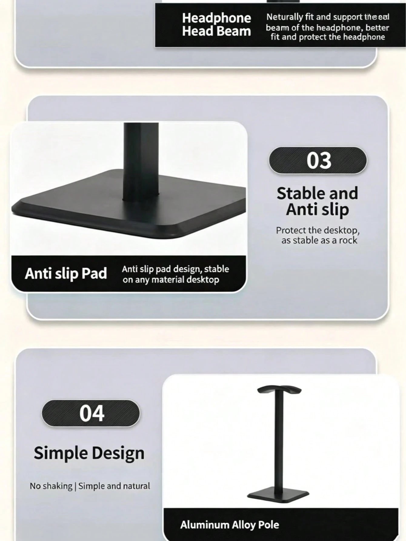 Headphone Stand, Solid Anti-Slip Base, Aluminum Bracket, Fits All Over-Ear Headphones