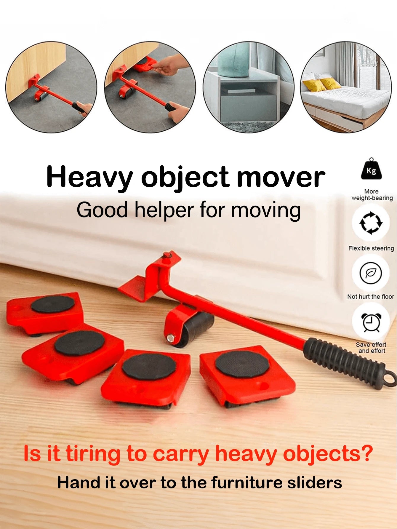 Heavy Duty Furniture Moving Pulley 5-Piece Set – Up To 220 Lbs Moover With Omnidirectional Pulley And Furniture Lifter Tool – Durable, Non-Scratching Design – Smooth Glide System That Protects Floors