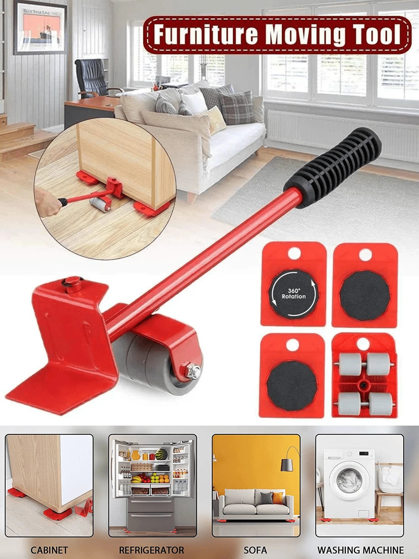 Heavy Duty Furniture Moving Pulley 5-Piece Set – Up To 220 Lbs Moover With Omnidirectional Pulley And Furniture Lifter Tool – Durable, Non-Scratching Design – Smooth Glide System That Protects Floors