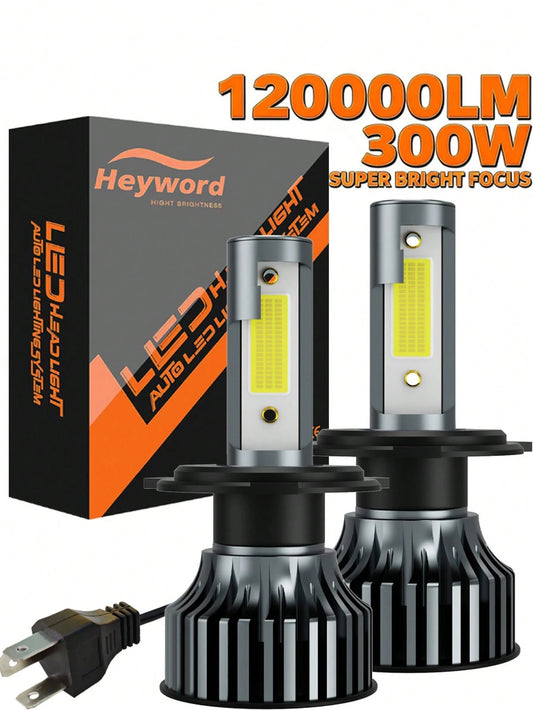 Heyword 2pcs LED Headlights, Compatible With H1, H4, H7, H11, 9005/HB3, 9006/HB4 Models, 30,000 Lumens Brightness, 300W Power, Can Be Used As Fog Lights. High And Low Beam Are Both White Bulbs, 6000K