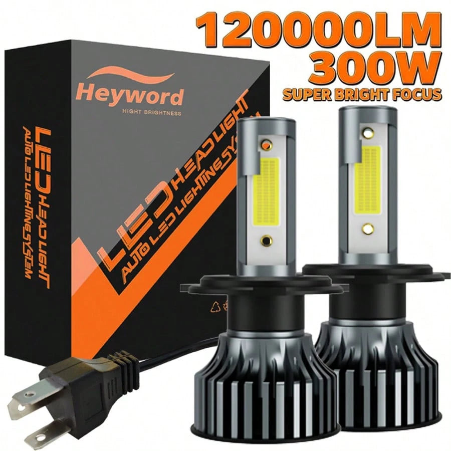 Heyword 2pcs LED Headlights, Compatible With H1, H4, H7, H11, 9005/HB3, 9006/HB4 Models, 30,000 Lumens Brightness, 300W Power, Can Be Used As Fog Lights. High And Low Beam Are Both White Bulbs, 6000K