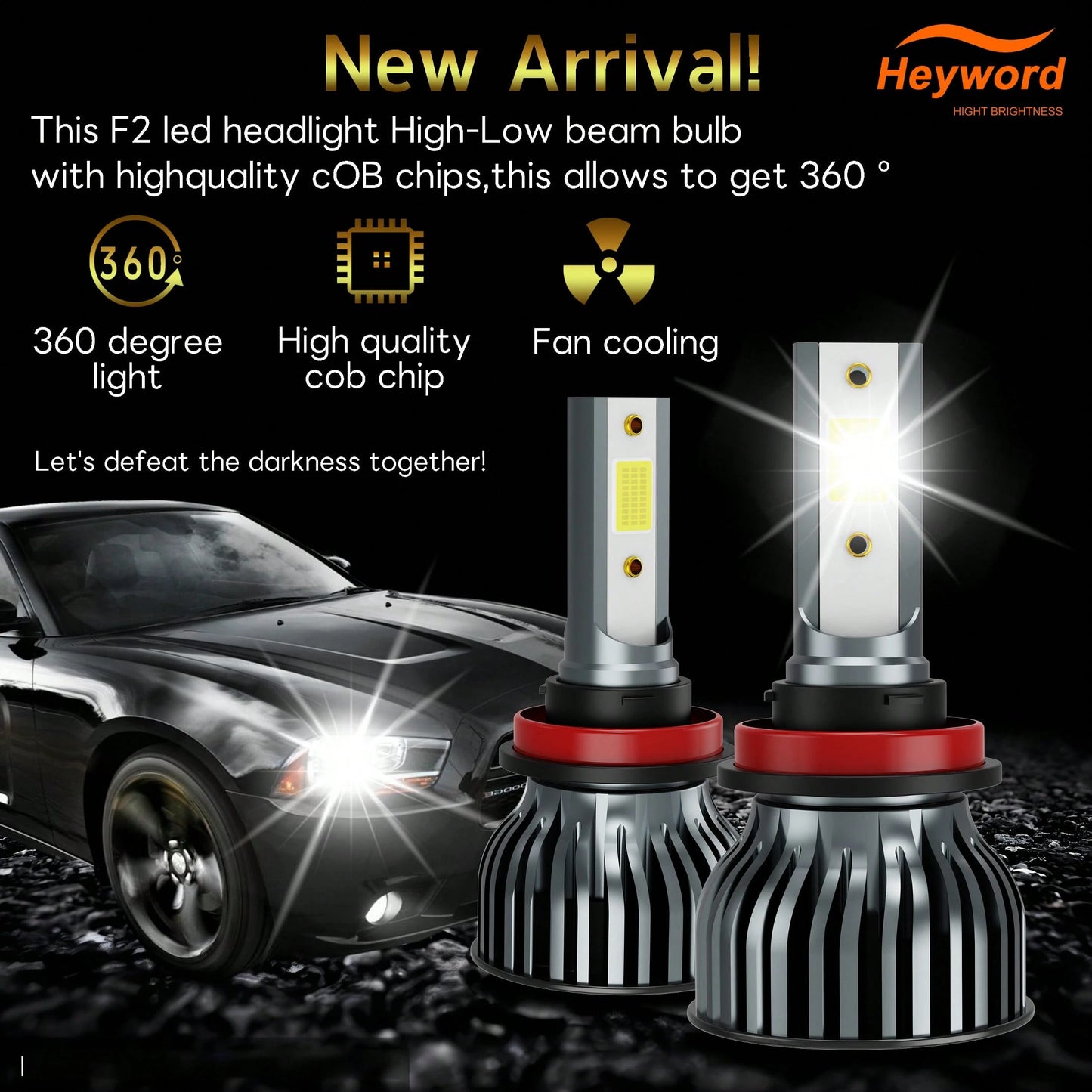 Heyword 2pcs LED Headlights, Compatible With H1, H4, H7, H11, 9005/HB3, 9006/HB4 Models, 30,000 Lumens Brightness, 300W Power, Can Be Used As Fog Lights. High And Low Beam Are Both White Bulbs, 6000K