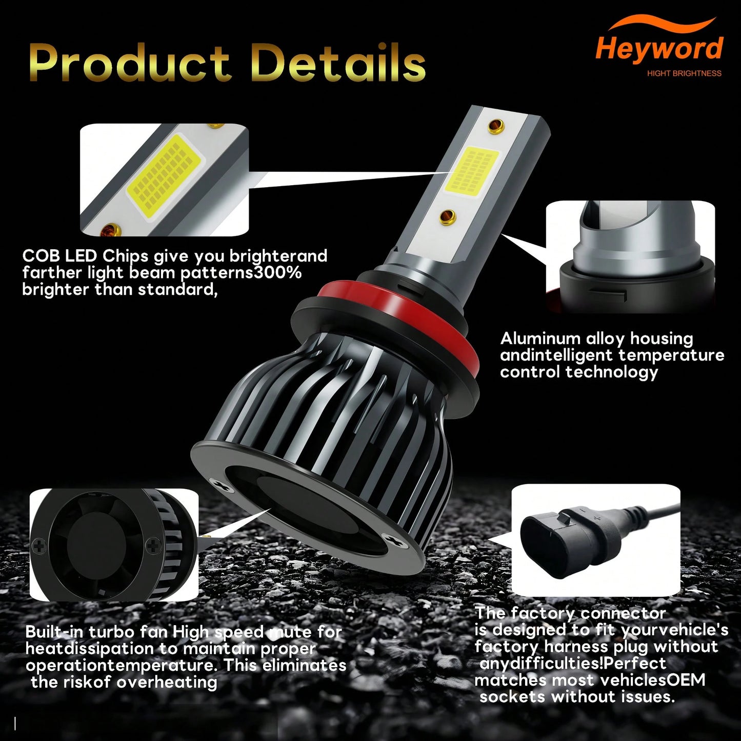 Heyword 2pcs LED Headlights, Compatible With H1, H4, H7, H11, 9005/HB3, 9006/HB4 Models, 30,000 Lumens Brightness, 300W Power, Can Be Used As Fog Lights. High And Low Beam Are Both White Bulbs, 6000K