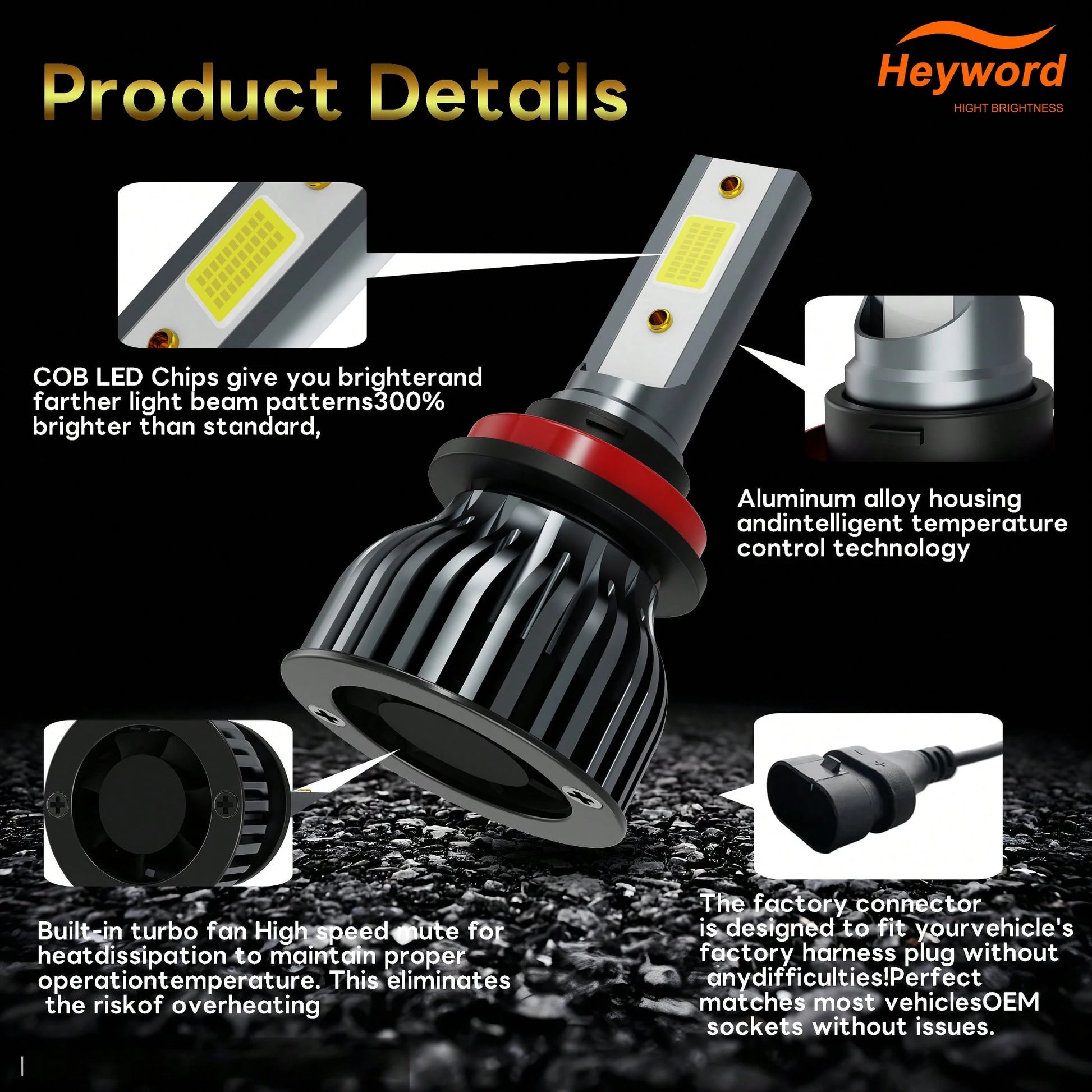 Heyword 2pcs LED Headlights, Compatible With H1, H4, H7, H11, 9005/HB3, 9006/HB4 Models, 30,000 Lumens Brightness, 300W Power, Can Be Used As Fog Lights. High And Low Beam Are Both White Bulbs, 6000K