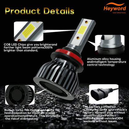 Heyword 2pcs LED Headlights, Compatible With H1, H4, H7, H11, 9005/HB3, 9006/HB4 Models, 30,000 Lumens Brightness, 300W Power, Can Be Used As Fog Lights. High And Low Beam Are Both White Bulbs, 6000K
