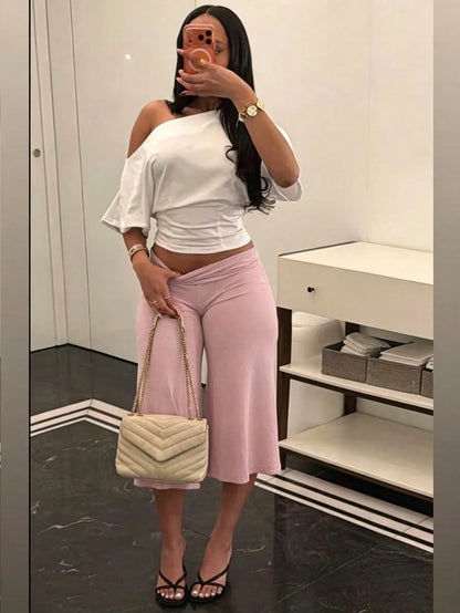 High Waist Wide Leg Cropped Pants, Women Low Rise Stretch Loose Wide Leg Sweatpants, Elegant Solid Slim Wide Leg Pants For Commute & Sports