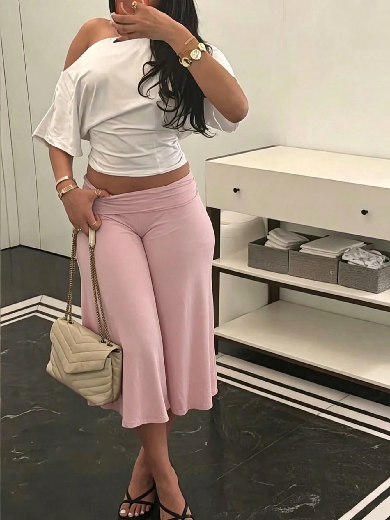 High Waist Wide Leg Cropped Pants, Women Low Rise Stretch Loose Wide Leg Sweatpants, Elegant Solid Slim Wide Leg Pants For Commute & Sports
