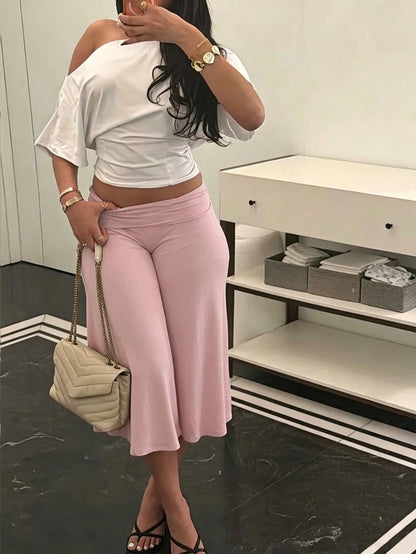 High Waist Wide Leg Cropped Pants, Women Low Rise Stretch Loose Wide Leg Sweatpants, Elegant Solid Slim Wide Leg Pants For Commute & Sports