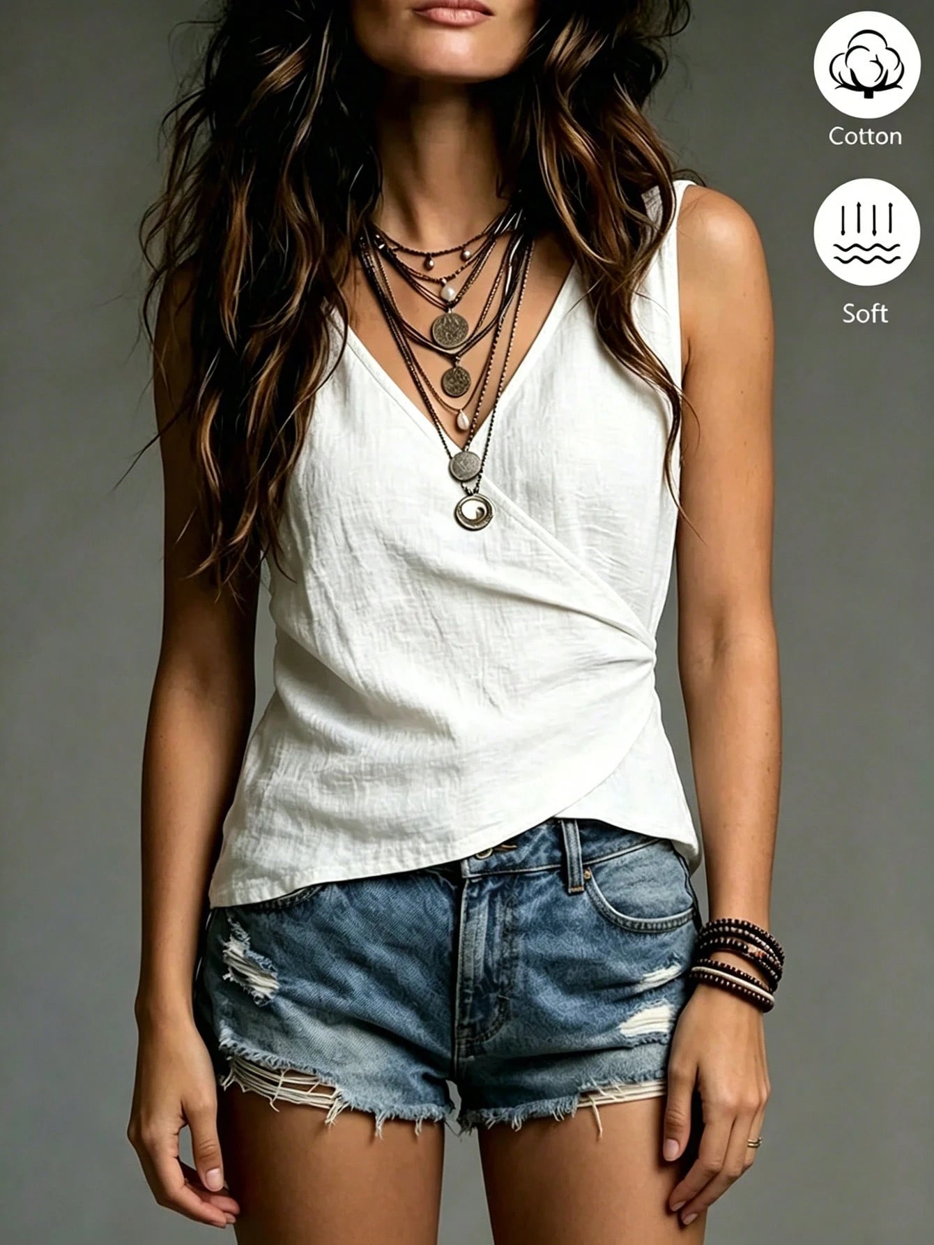 Holidaya Women's Casual Elegant Comfortable Minimalist Solid Color V-Neck Linen Tank Top