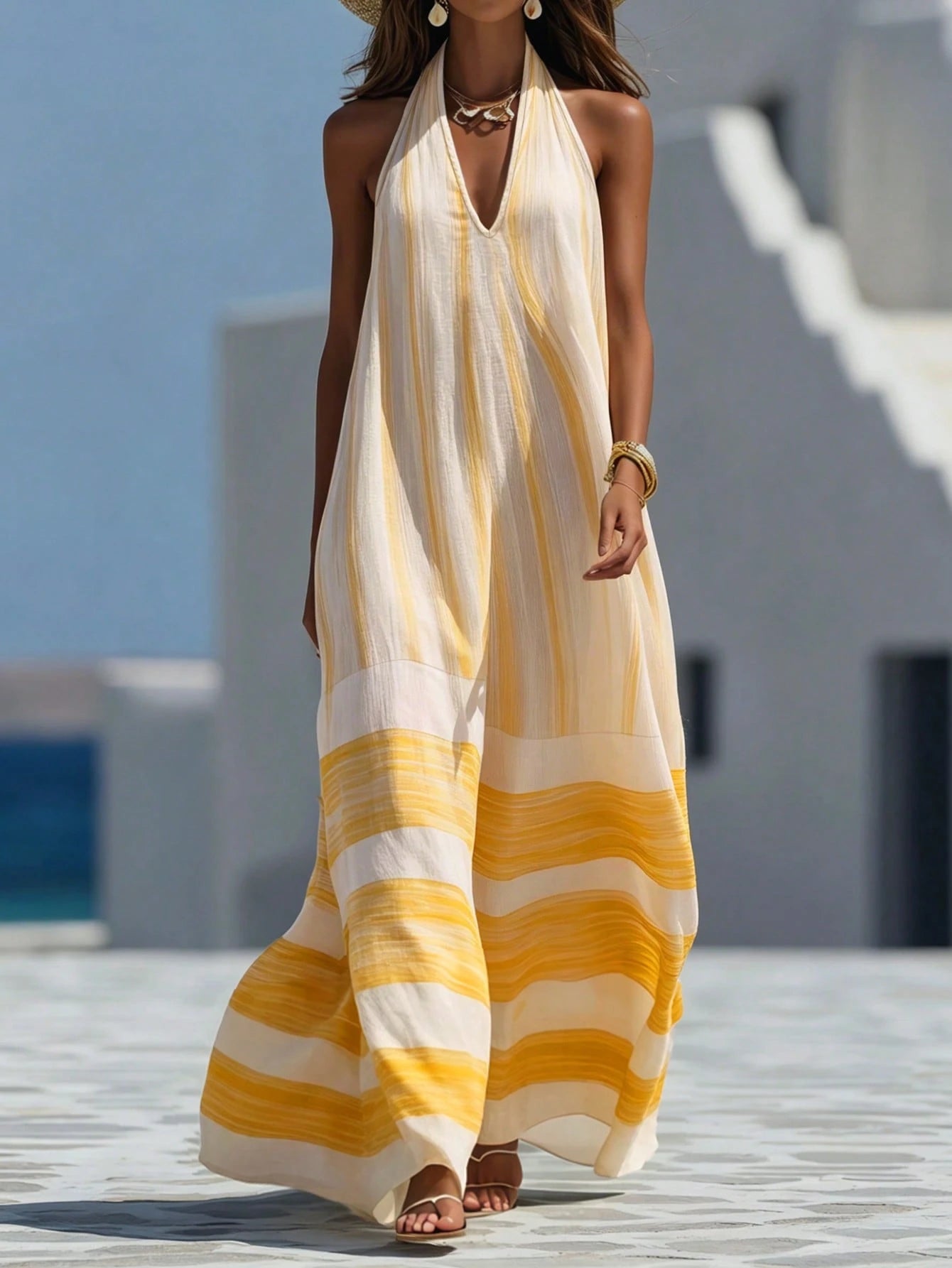 Holidaya Women's Spring Summer Bohemian Style Loose Striped Patchwork Dress, Elegant Comfortable Fashion Dress Suitable For Work, Date, Party, Vacation