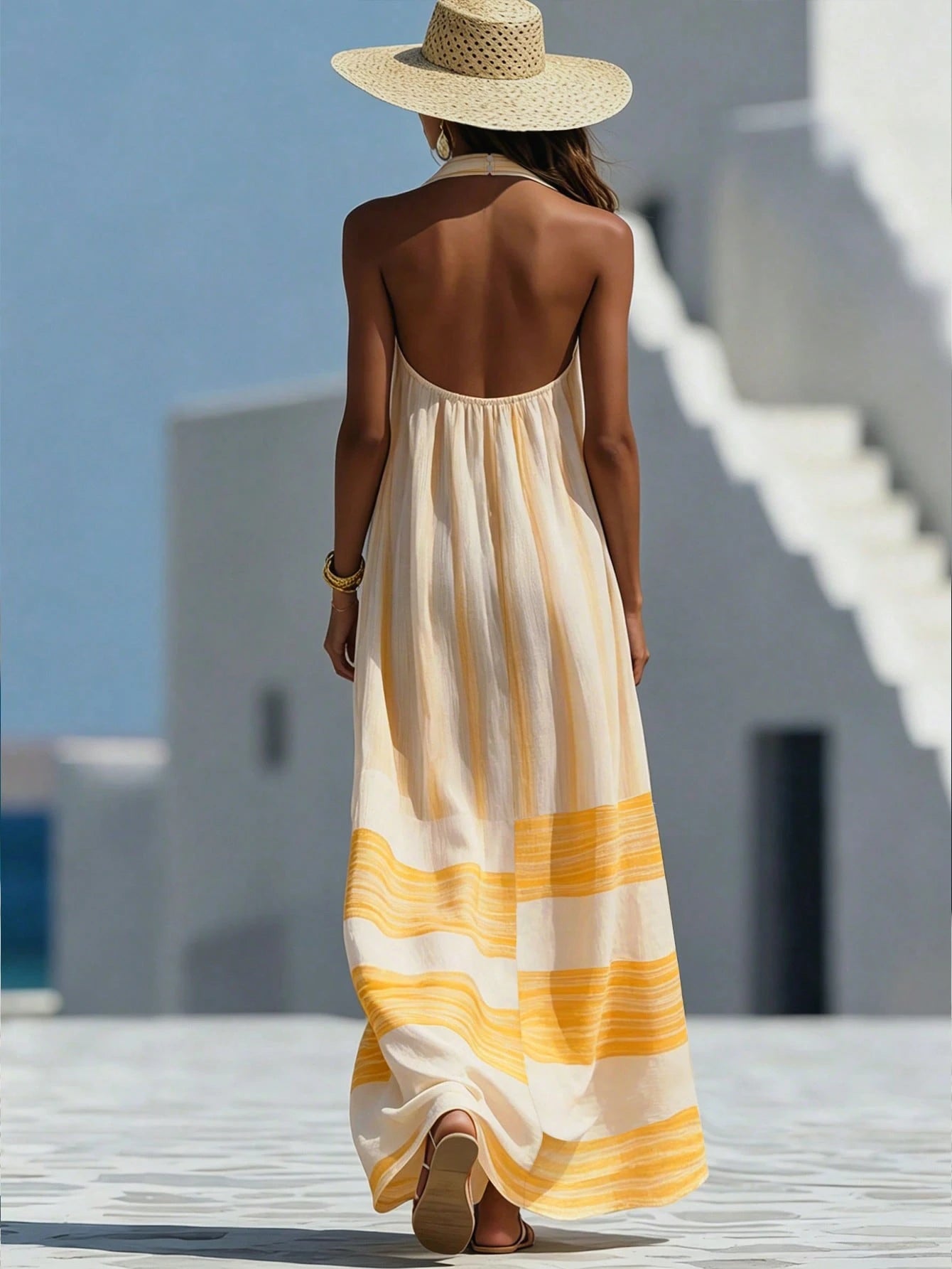Holidaya Women's Spring Summer Bohemian Style Loose Striped Patchwork Dress, Elegant Comfortable Fashion Dress Suitable For Work, Date, Party, Vacation
