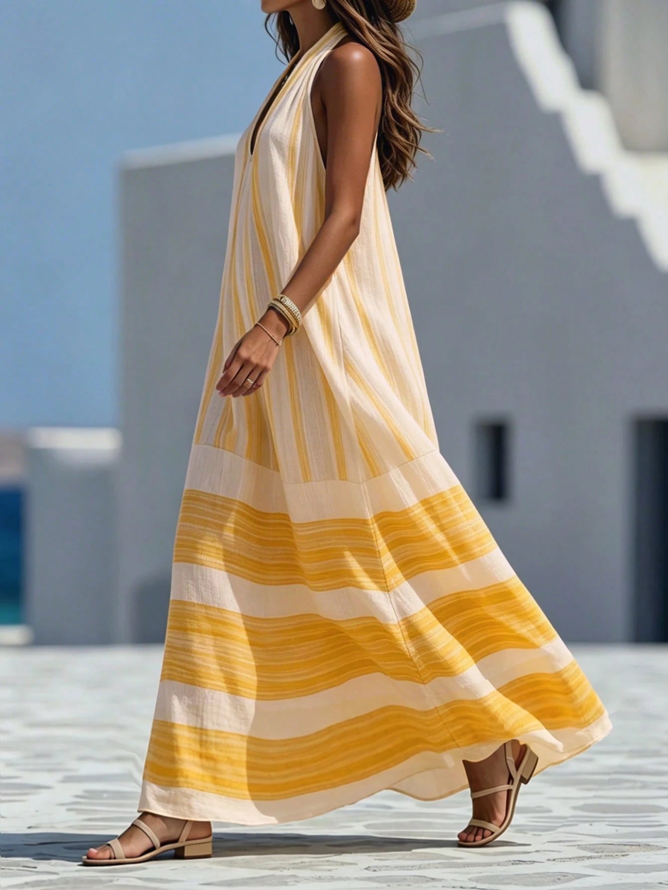 Holidaya Women's Spring Summer Bohemian Style Loose Striped Patchwork Dress, Elegant Comfortable Fashion Dress Suitable For Work, Date, Party, Vacation