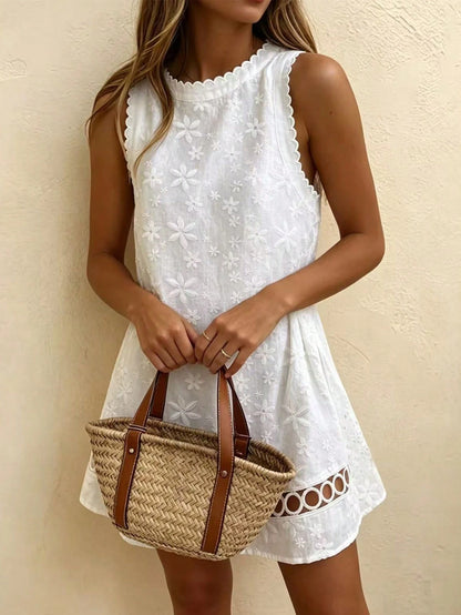 Holidaya Women's White Woven Plain Embroidered Lace Trim Sleeveless Dress, Suitable For Spring And Summer, Loose Fit For Daily Wear, Commuting, Elegant And Suitable For Parties, Beach Activities