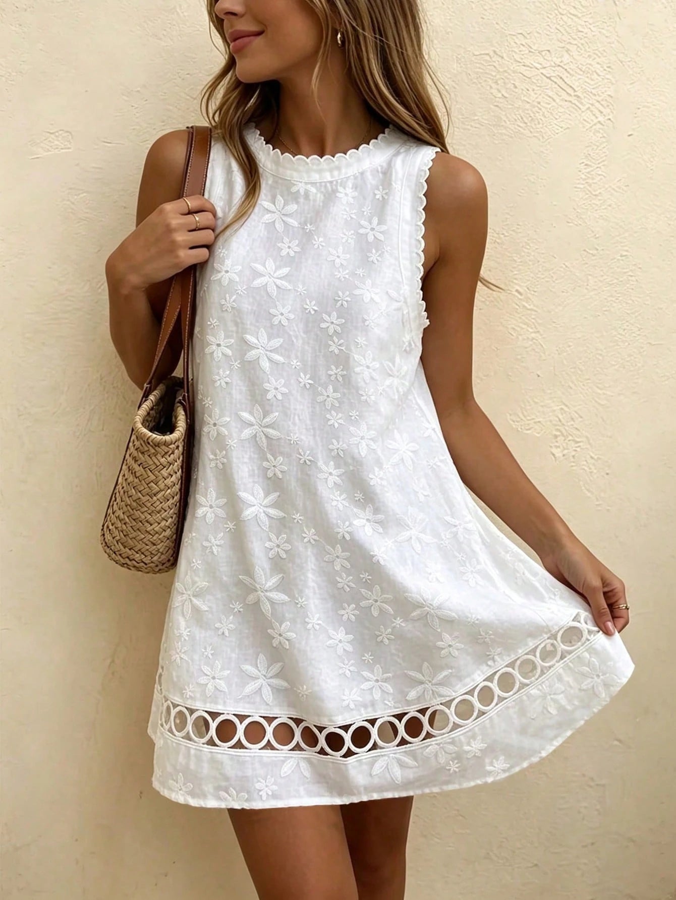Holidaya Women's White Woven Plain Embroidered Lace Trim Sleeveless Dress, Suitable For Spring And Summer, Loose Fit For Daily Wear, Commuting, Elegant And Suitable For Parties, Beach Activities