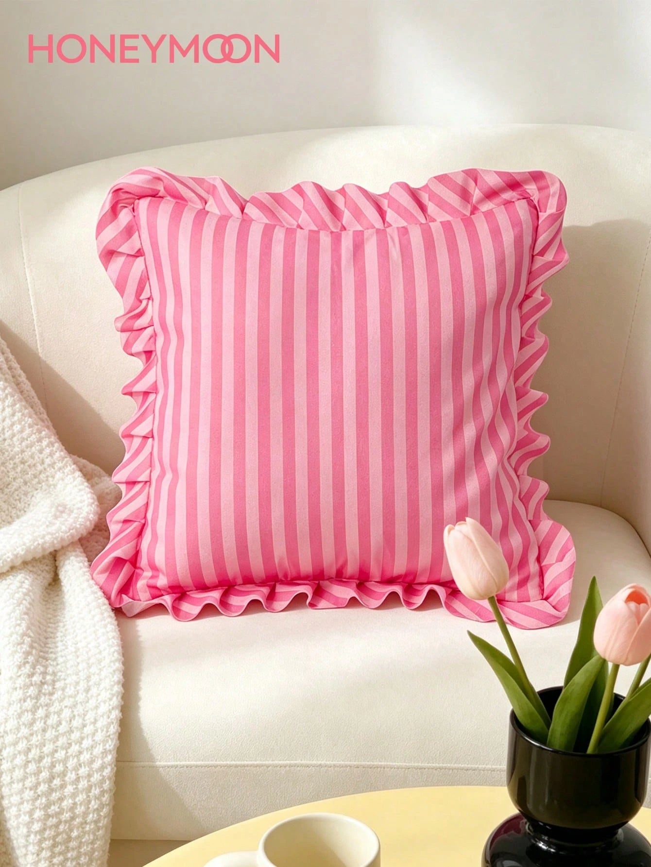 HONEYMOON 1pc Pink Striped Floral Lace Pillowcase/Cushion Cover, 100% Polyester Fabric, Soft And Breathable, No Pillow Insert, Suitable For Casual Home Decor, Indoor Sofa, Bedroom, Dorm, Bedding. Mach