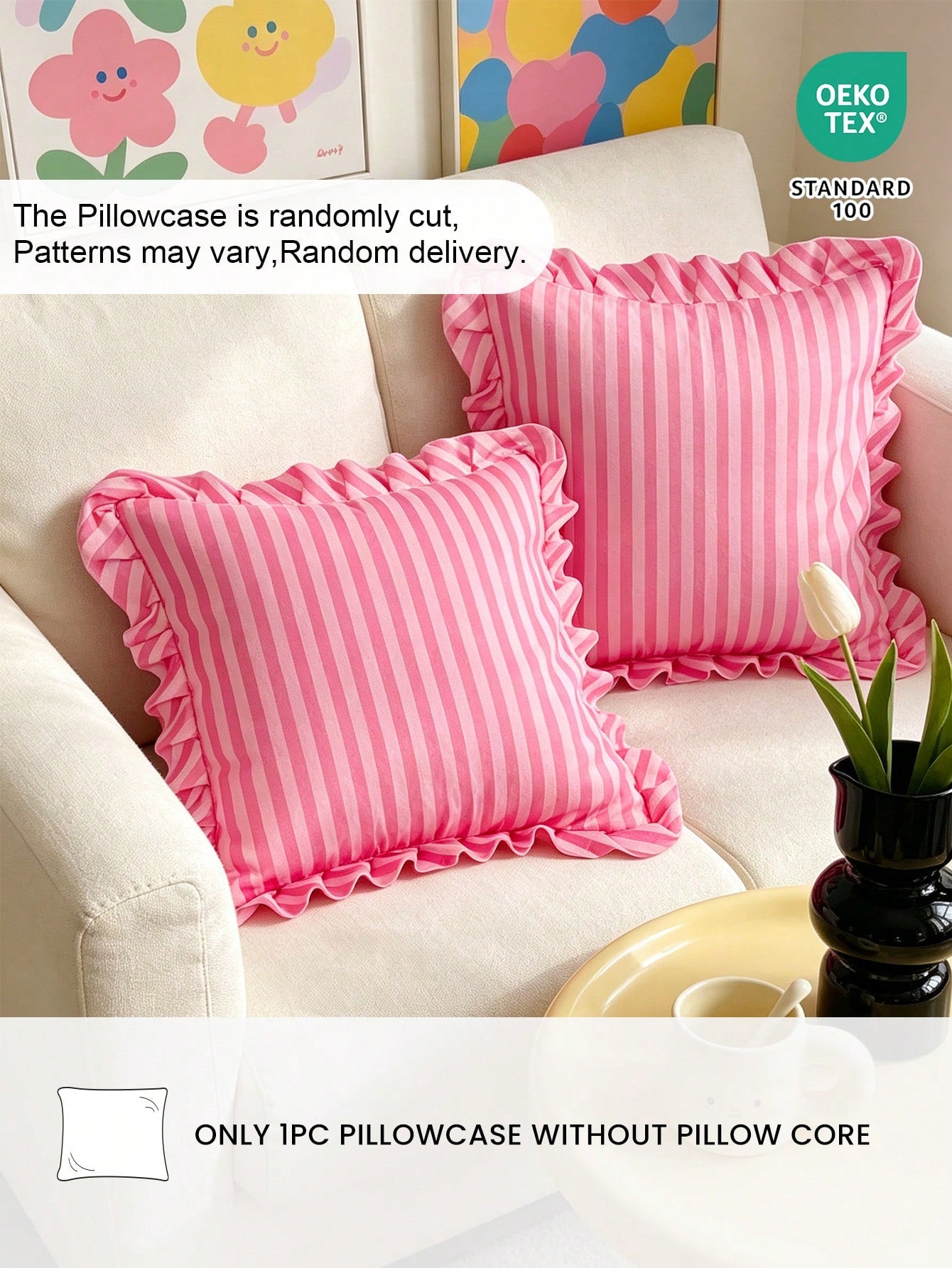 HONEYMOON 1pc Pink Striped Floral Lace Pillowcase/Cushion Cover, 100% Polyester Fabric, Soft And Breathable, No Pillow Insert, Suitable For Casual Home Decor, Indoor Sofa, Bedroom, Dorm, Bedding. Mach