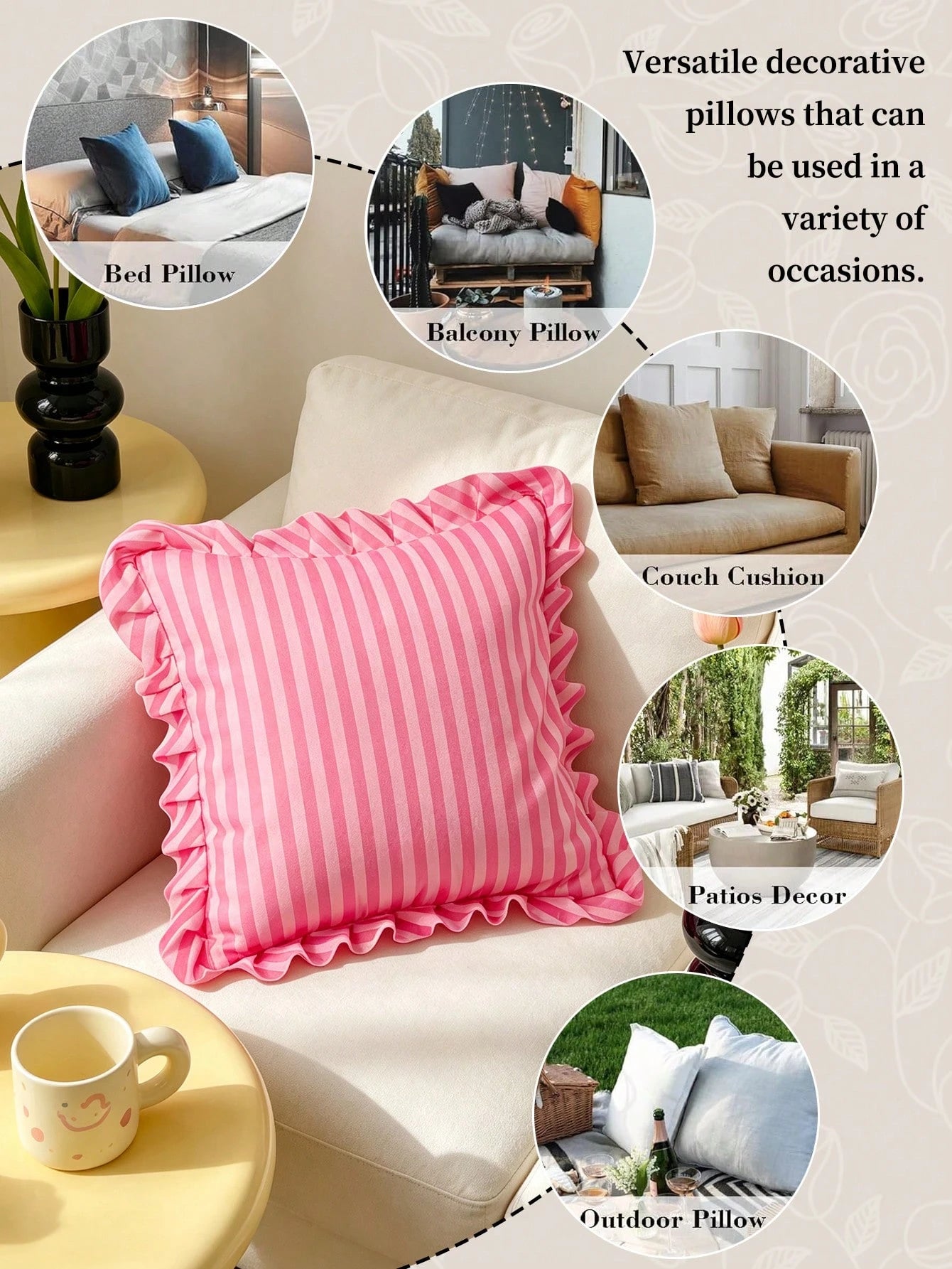 HONEYMOON 1pc Pink Striped Floral Lace Pillowcase/Cushion Cover, 100% Polyester Fabric, Soft And Breathable, No Pillow Insert, Suitable For Casual Home Decor, Indoor Sofa, Bedroom, Dorm, Bedding. Mach