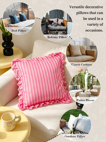 HONEYMOON 1pc Pink Striped Floral Lace Pillowcase/Cushion Cover, 100% Polyester Fabric, Soft And Breathable, No Pillow Insert, Suitable For Casual Home Decor, Indoor Sofa, Bedroom, Dorm, Bedding. Mach