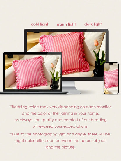 HONEYMOON 1pc Pink Striped Floral Lace Pillowcase/Cushion Cover, 100% Polyester Fabric, Soft And Breathable, No Pillow Insert, Suitable For Casual Home Decor, Indoor Sofa, Bedroom, Dorm, Bedding. Mach