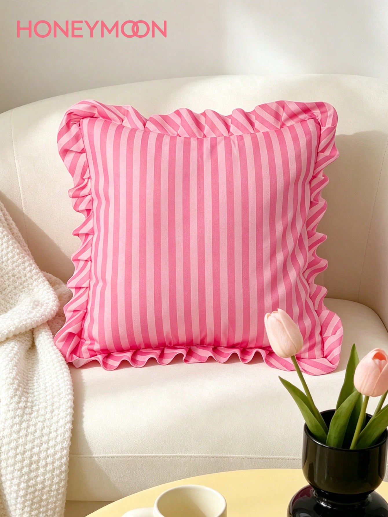 HONEYMOON 1pc Pink Striped Floral Lace Pillowcase/Cushion Cover, 100% Polyester Fabric, Soft And Breathable, No Pillow Insert, Suitable For Casual Home Decor, Indoor Sofa, Bedroom, Dorm, Bedding. Mach