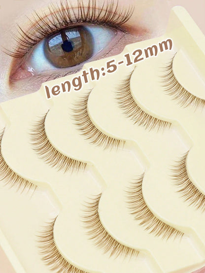 Hot Selling Style, Charming Natural Appearance, 5 Pairs Brown Of Japanese And Korean Women's Eyelashes, Slender Naturally Curled Eyelashes, Cat Eye Eyelashes, Manga Eyelashes, Women's Daily Commuting