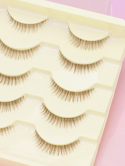 Hot Selling Style, Charming Natural Appearance, 5 Pairs Brown Of Japanese And Korean Women's Eyelashes, Slender Naturally Curled Eyelashes, Cat Eye Eyelashes, Manga Eyelashes, Women's Daily Commuting