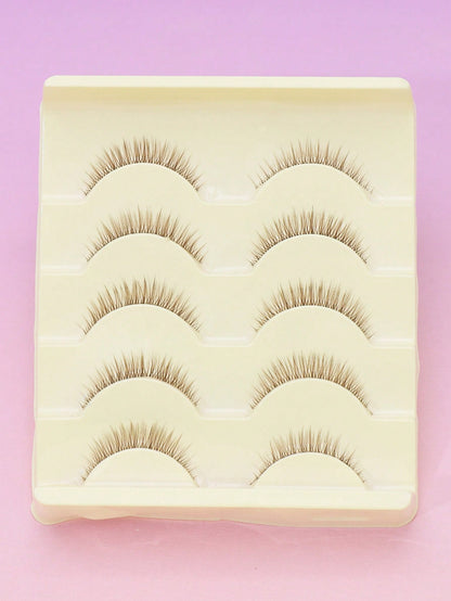 Hot Selling Style, Charming Natural Appearance, 5 Pairs Brown Of Japanese And Korean Women's Eyelashes, Slender Naturally Curled Eyelashes, Cat Eye Eyelashes, Manga Eyelashes, Women's Daily Commuting