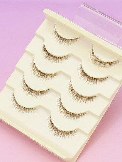Hot Selling Style, Charming Natural Appearance, 5 Pairs Brown Of Japanese And Korean Women's Eyelashes, Slender Naturally Curled Eyelashes, Cat Eye Eyelashes, Manga Eyelashes, Women's Daily Commuting