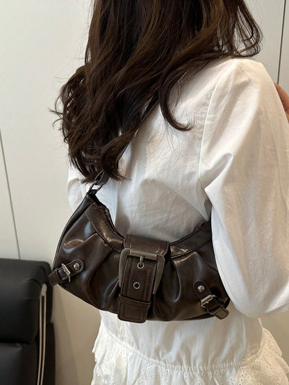 ICON 1pc Women's Retro Biker Punk Style Rivet Decor Adjustable Strap Large Capacity Soft Faux Oiled Leather Ombre Color One Shoulder Underarm Bag, Suitable For Work, Commute, Date, Party