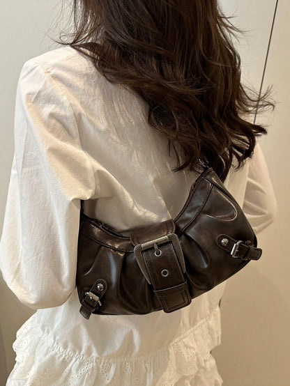 ICON 1pc Women's Retro Biker Punk Style Rivet Decor Adjustable Strap Large Capacity Soft Faux Oiled Leather Ombre Color One Shoulder Underarm Bag, Suitable For Work, Commute, Date, Party