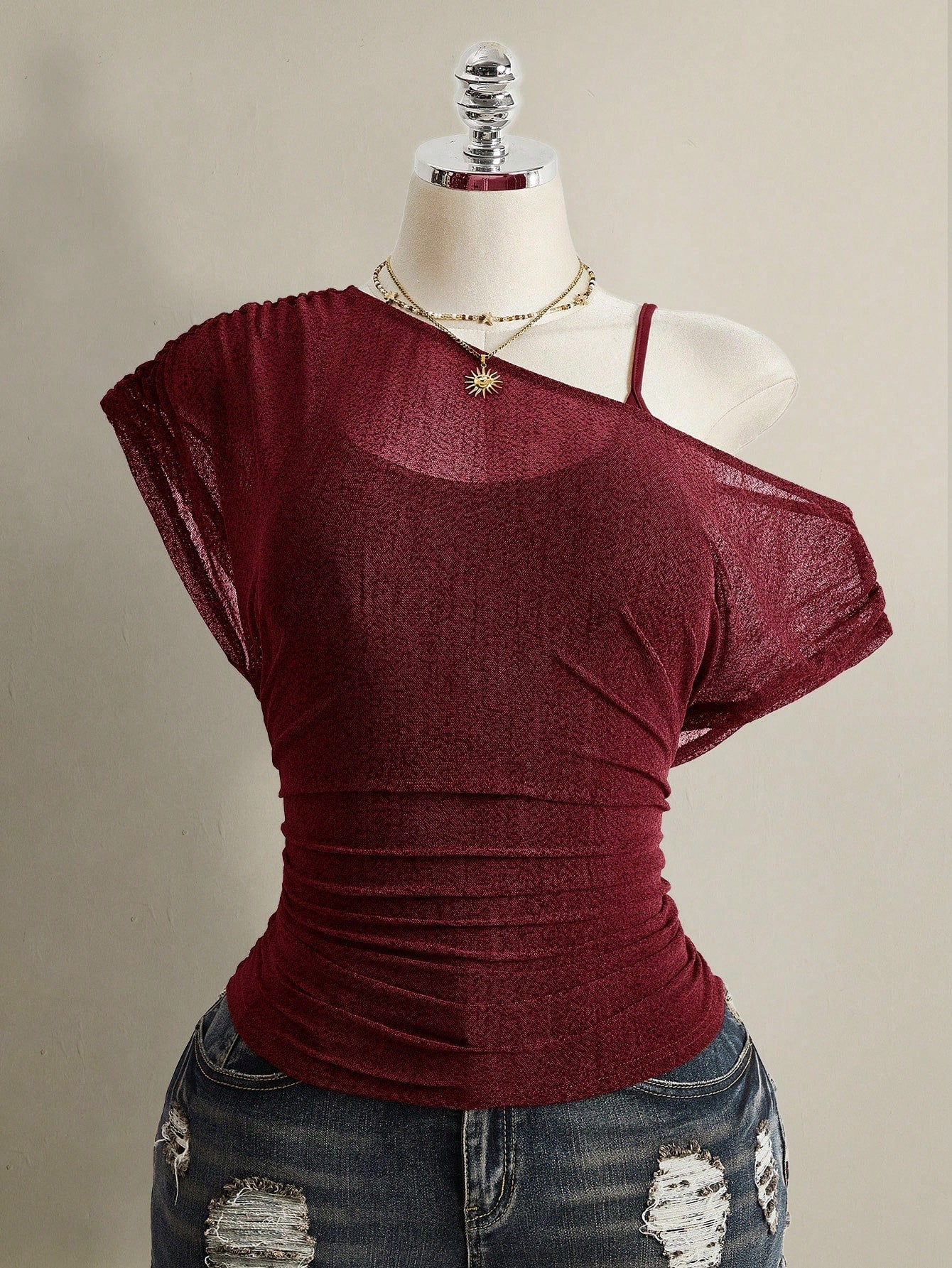 ICON Plus Size Summer Casual Solid Color Asymmetric Neckline T-Shirt