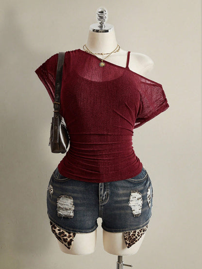 ICON Plus Size Summer Casual Solid Color Asymmetric Neckline T-Shirt