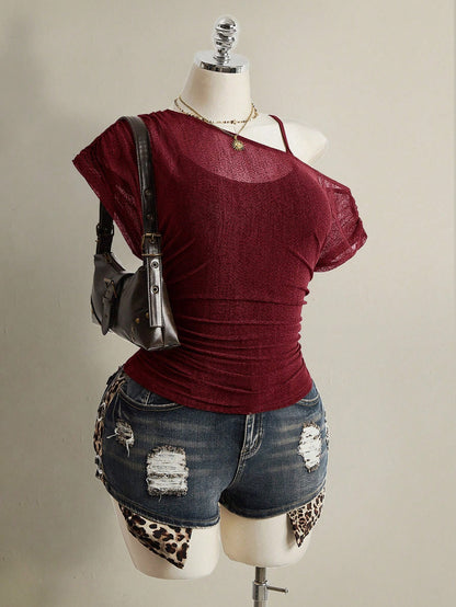 ICON Plus Size Summer Casual Solid Color Asymmetric Neckline T-Shirt