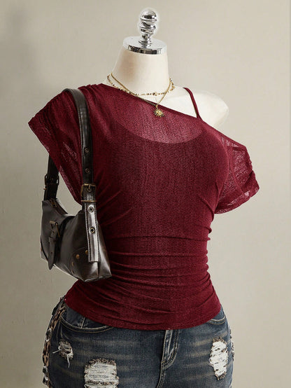 ICON Plus Size Summer Casual Solid Color Asymmetric Neckline T-Shirt