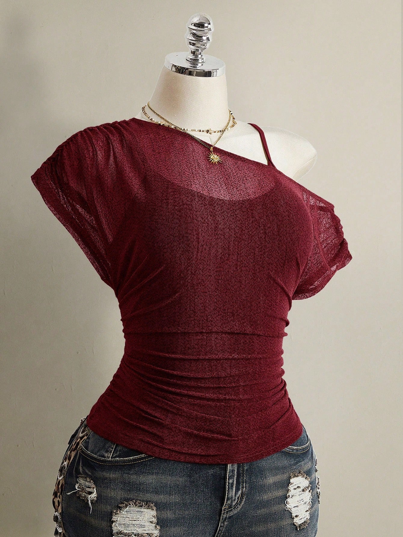 ICON Plus Size Summer Casual Solid Color Asymmetric Neckline T-Shirt