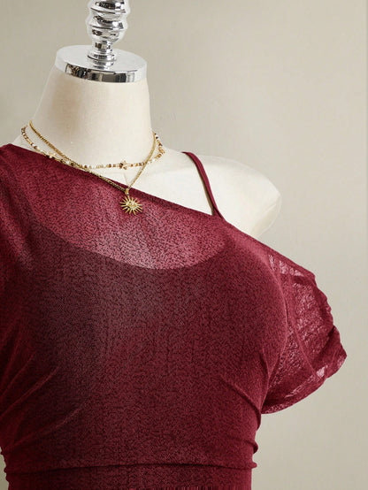 ICON Plus Size Summer Casual Solid Color Asymmetric Neckline T-Shirt