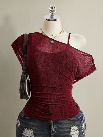 ICON Plus Size Summer Casual Solid Color Asymmetric Neckline T-Shirt