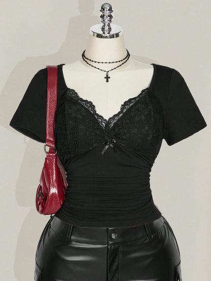ICON Plus Size V-Neck Lace Splicing Waist Ruched Fitted Knit Top, Sexy T-Shirt For Spring/Summer, Suitable As Wedding Guest
