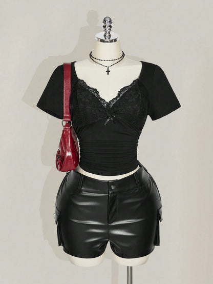ICON Plus Size V-Neck Lace Splicing Waist Ruched Fitted Knit Top, Sexy T-Shirt For Spring/Summer, Suitable As Wedding Guest