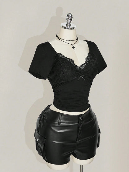 ICON Plus Size V-Neck Lace Splicing Waist Ruched Fitted Knit Top, Sexy T-Shirt For Spring/Summer, Suitable As Wedding Guest